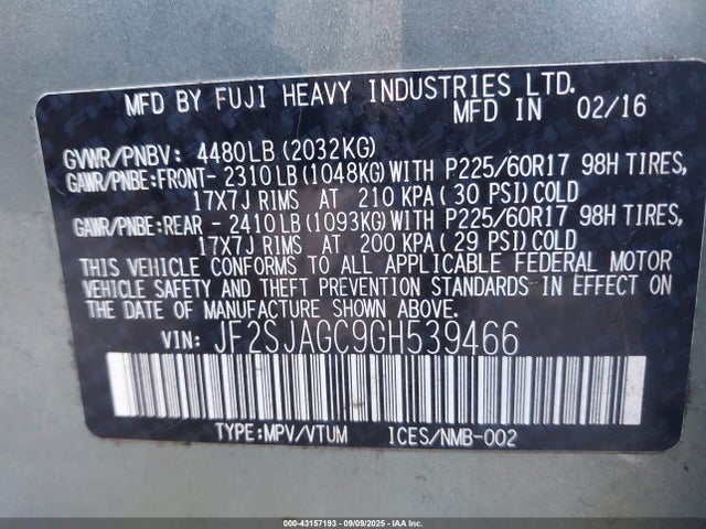 JF2SJAGC9GH539466 Subaru naturally aspirated u5