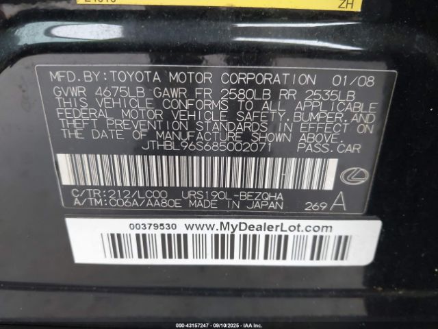 2008 LEXUS GS 460 JTHBL96S685002071 Photo 8
