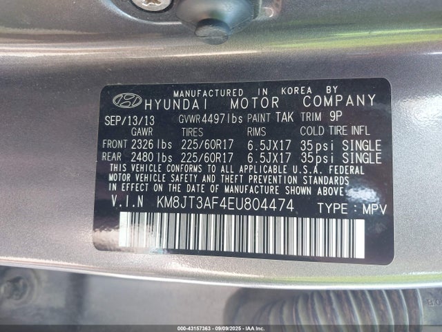 KM8JT3AF4EU804474 Hyundai gdi nu