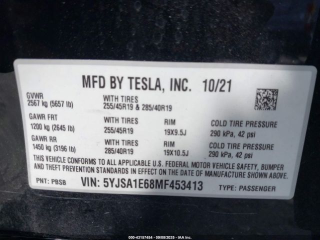 2021 TESLA MODEL S 5YJSA1E68MF453413 Photo 8