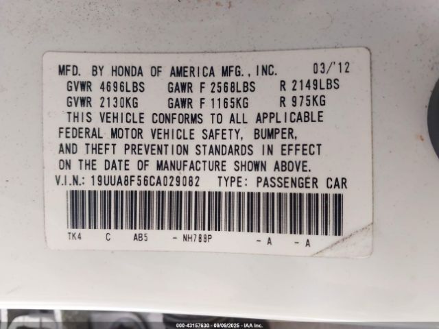 2012 ACURA TL 19UUA8F56CA029082 Photo 8