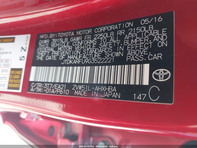 JTDKARFU9G3522221 Toyota 2zr-fxe,1nm