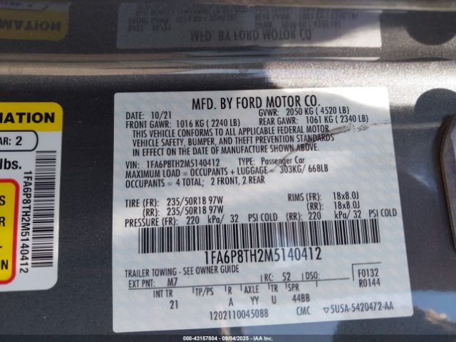 2021 FORD MUSTANG 1FA6P8TH2M5140412 Photo 8