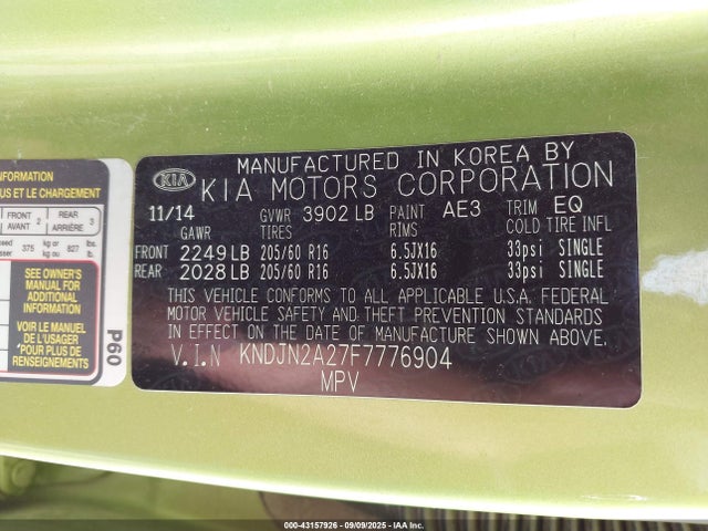 KNDJN2A27F7776904 KIA dohc gdi gamma