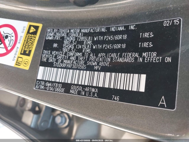Toyota 2gr-fe 2015 5TDZKRFHXFS070565 Image 9