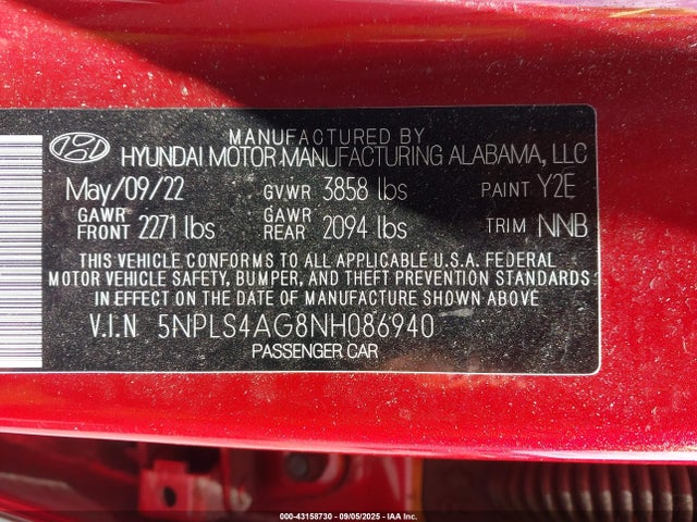 5NPLS4AG8NH086940 Hyundai mpi nu pe