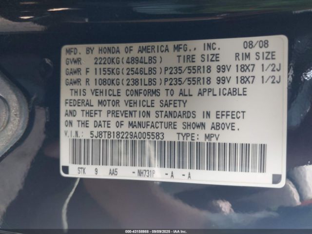 2009 ACURA RDX 5J8TB18229A005583 Photo 8