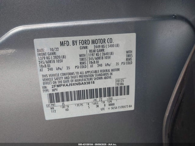 Продажа на аукционе авто 2022 Ford Edge Sel, vin: 2FMPK4J9XNBA93818, номер лота: 43159104