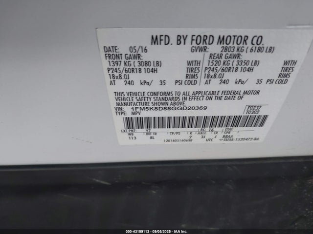 1FM5K8D88GGD20369 Ford 2016