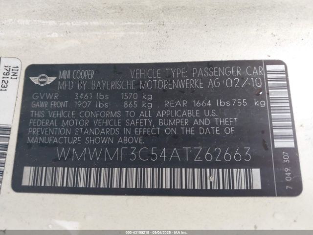 2010 MINI COOPER WMWMF3C54ATZ62663 Photo 8