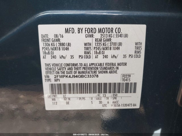 Ford 2016 2016 2FMPK4J94GBC33378 Image 9