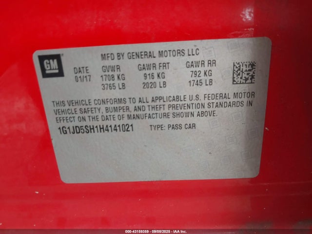 1G1JD5SH1H4141021 Chevrolet luw - mfi, e85 max