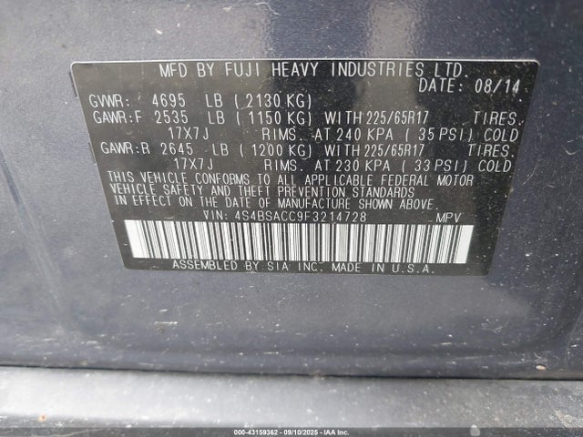 4S4BSACC9F3214728 Subaru 2.5l u5