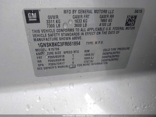 1GNSKBKC3FR661894 Chevrolet l83 - vvt, active fuel management, aluminum