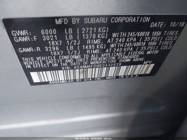 2019 SUBARU ASCENT 4S4WMAFDXK3430839 Photo 8