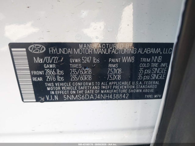 5NMS6DAJ4NH438842 Hyundai gdi theta iii