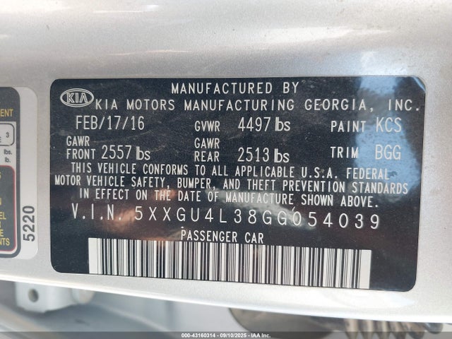 Продажа на аукционе авто 2016 Kia Optima Ex, vin: 5XXGU4L38GG054039, номер лота: 43160314