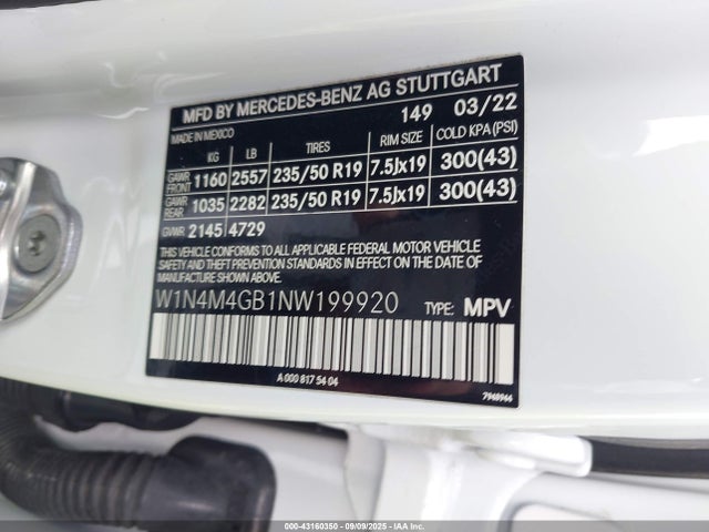 2022 Mercedes-benz Glb 250 მანქანა იყიდება აუქციონზე, vin: W1N4M4GB1NW199920, აუქციონის ნომერი: 43160350