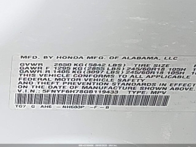 5FNYF6H78GB119433 Honda Pilot Ex-l