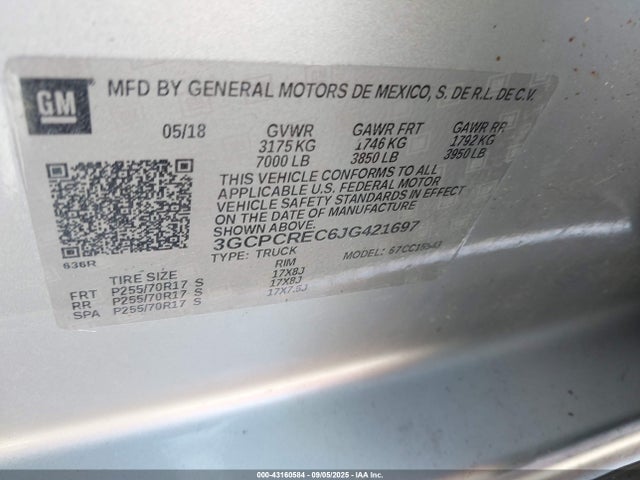 3GCPCREC6JG421697 Chevrolet l83 - sidi: spark ignited direct injection, vvt: variable valve timing, afm, e85 max, alum