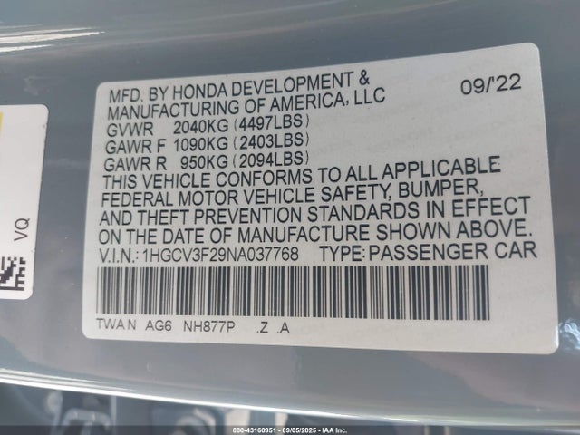 1HGCV3F29NA037768 Honda lfb2
