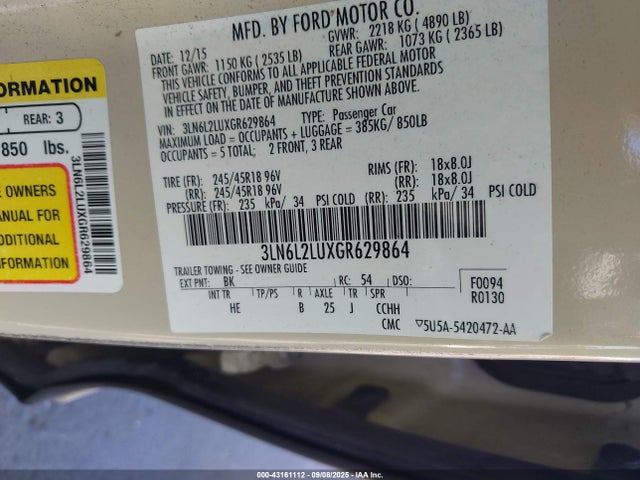 Lincoln MKZ 2016 3LN6L2LUXGR629864 Image 9