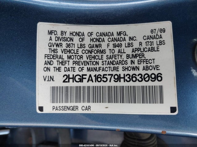 Продажа на аукционе авто 2009 Honda Civic Lx, vin: 2HGFA16579H363096, номер лота: 43161496
