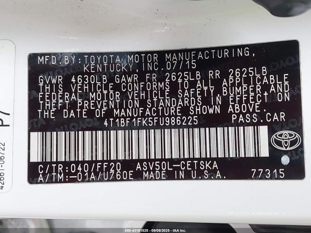 Toyota 2ar-fe 2015 4T1BF1FK5FU986225 Image 9