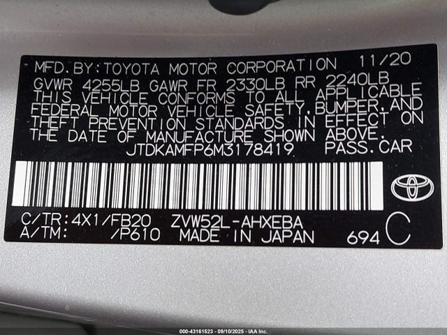 JTDKAMFP6M3178419 Toyota 2zr-fxe, 1nm+1sm