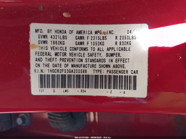 1HGCR2F53GA200586 Honda k24w1
