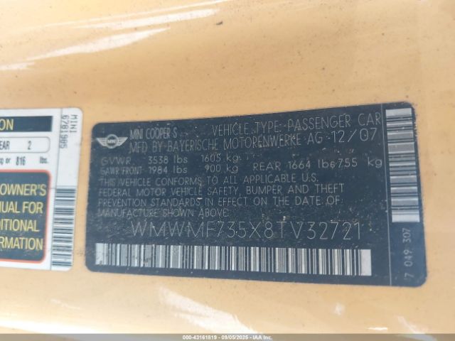 2008 MINI COOPER S WMWMF735X8TV32721 Photo 8