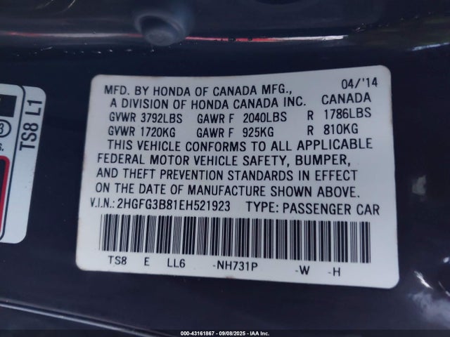 2HGFG3B81EH521923 Honda r18z1