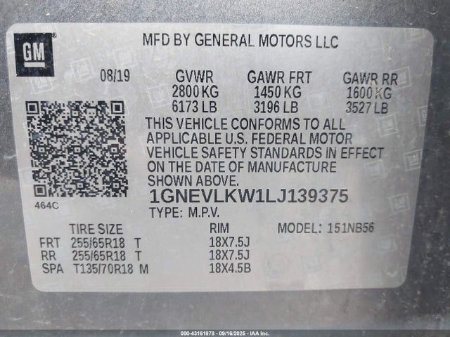 Продажа на аукционе авто 2020 Chevrolet Traverse Awd 1fl, vin: 1GNEVLKW1LJ139375, номер лота: 43161878