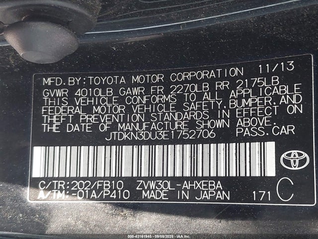 Toyota 2zr-fxe+3jm 2014 JTDKN3DU3E1752706 Image 9