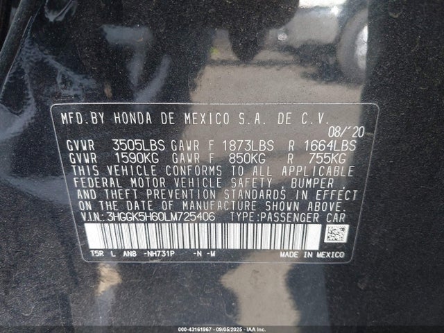 3HGGK5H60LM725406 Honda l15b1