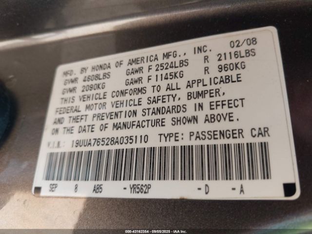 2008 ACURA TL 19UUA76528A035110 Photo 8