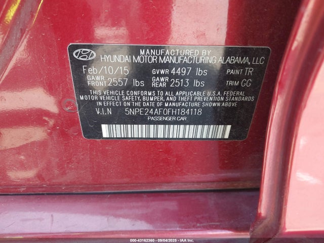 5NPE24AF0FH184118 Hyundai Sonata