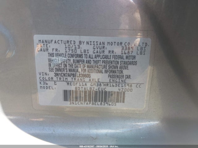 3N1CN7AP8EL839605 Nissan Versa 1.6 Sv
