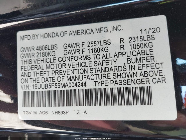 Acura k20c6 2021 19UUB5F56MA004244 Image 9