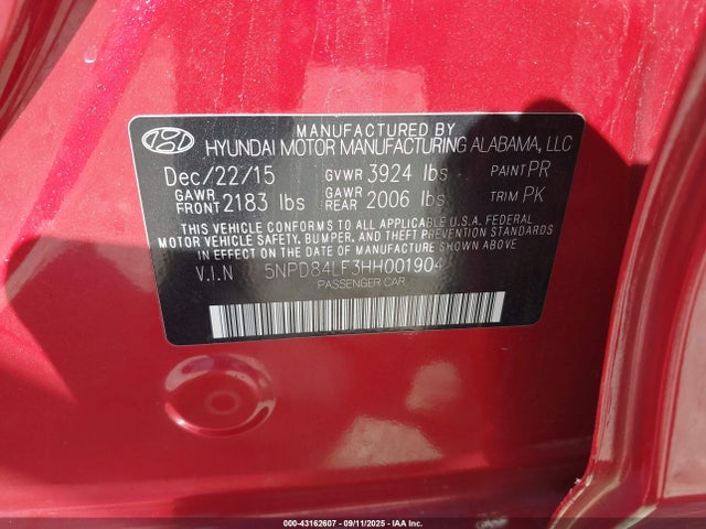 5NPD84LF3HH001904 Hyundai 2017