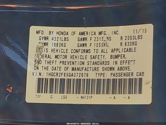 1HGCR2F95GA072676 Honda k24w1