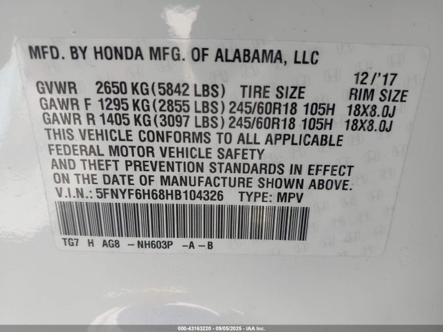 5FNYF6H68HB104326 Honda j35y6