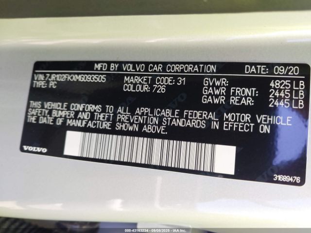 2021 VOLVO S60 7JR102FKXMG093505 Photo 8