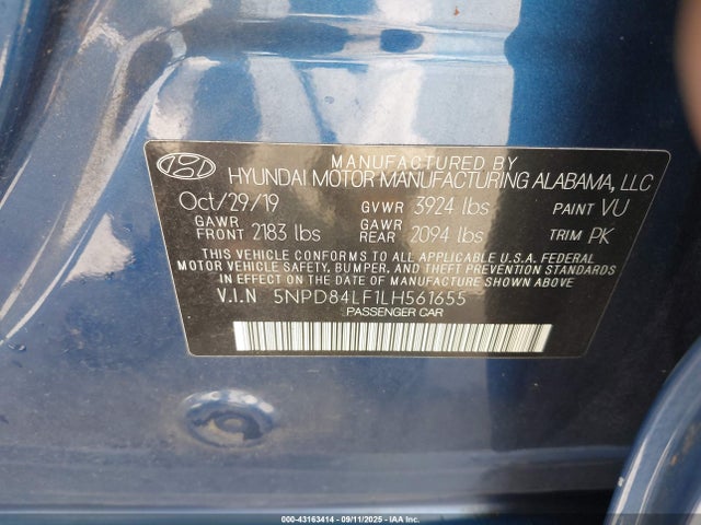 5NPD84LF1LH561655 Hyundai mpi nu