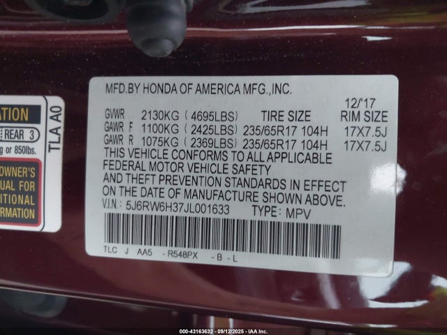5J6RW6H37JL001633 Honda k24w9/k24v9