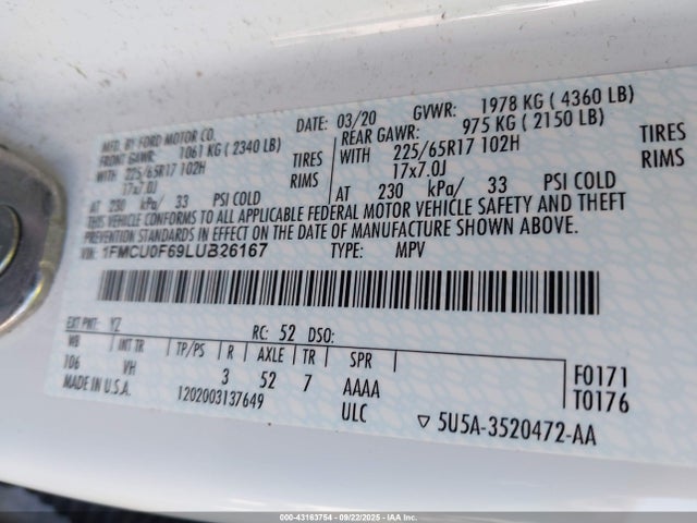1FMCU0F69LUB26167 Ford Escape