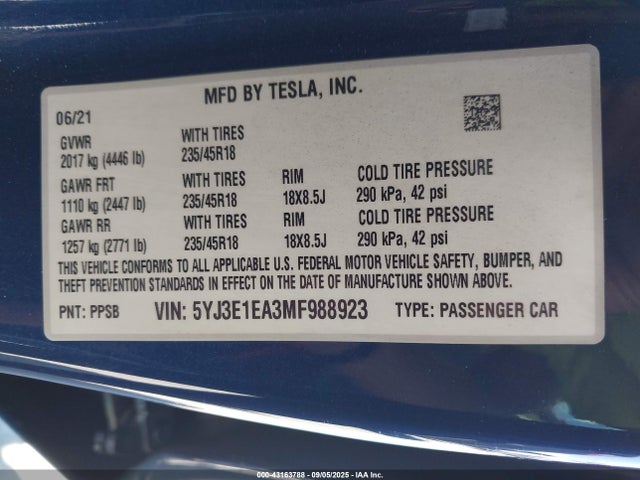 2021 TESLA MODEL 3 5YJ3E1EA3MF988923 Photo 8