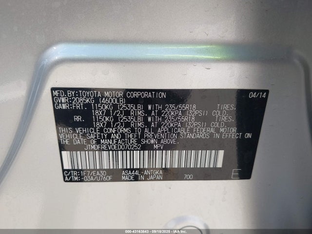 JTMDFREV0ED070252 Toyota 2ar-fe