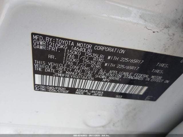 JTMBFREVXGD184706 Toyota 2ar-fe