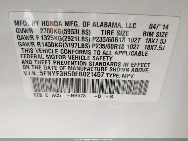 5FNYF3H50EB021457 Honda j35z4